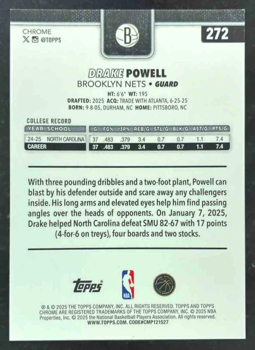 2025-26 Topps Chrome Orange Refractor #272 Drake Powell RC /25 - Image 2