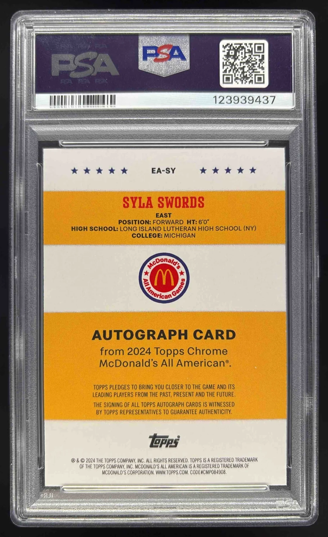 2024 Topps Chrome McDonalds All-American Event Syla Swords Autograph Auto PSA 10 - Image 2
