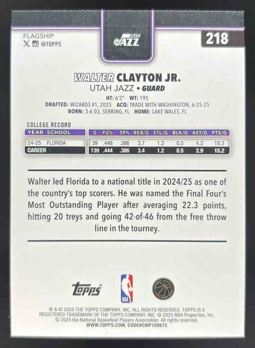 2025-26 Topps Blue Holo Foil #218 Walter Clayton Jr. RC /150 - Image 2