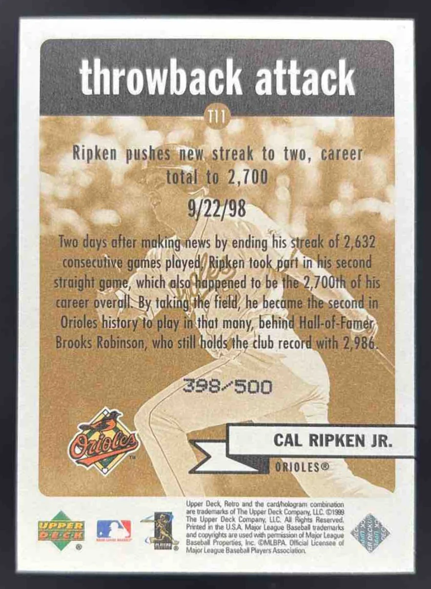 1999 Upper Deck Retro Throwback Attack #T11 Cal Ripken Jr. - Image 2