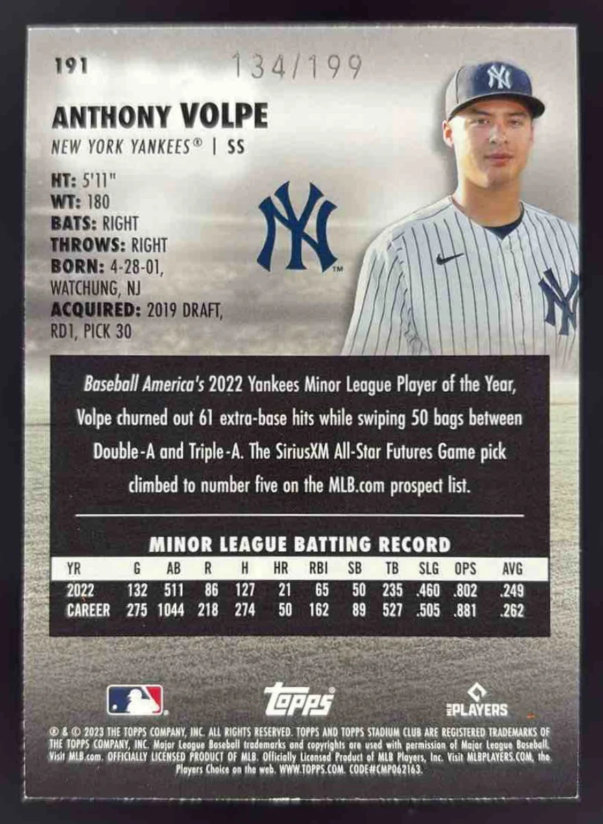 2023 Topps Stadium Club Orange Foil #191 Anthony Volpe RC /199 - Image 2