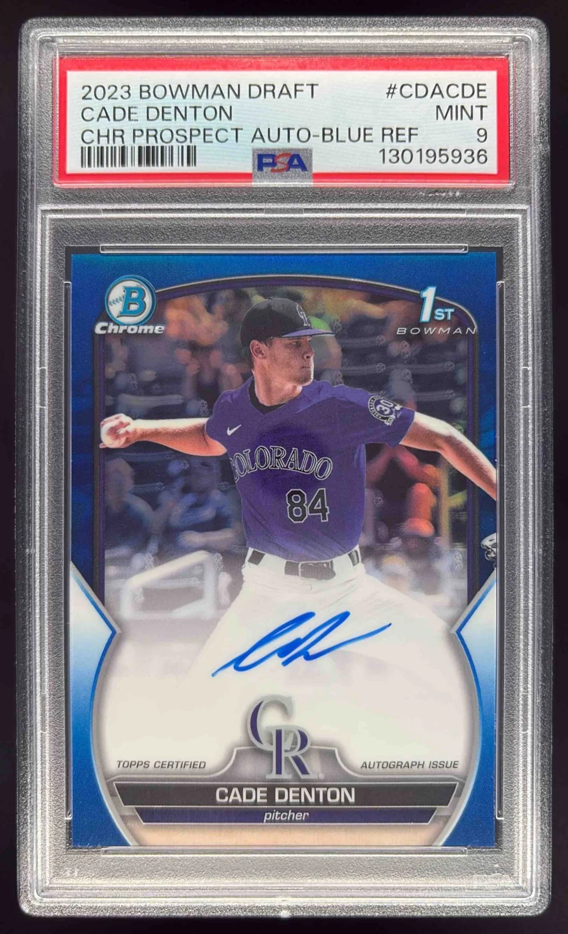 2023 Bowman Draft Chrome Blue Refractor #CDA-CDE Cade Denton RC Auto /150 PSA 9