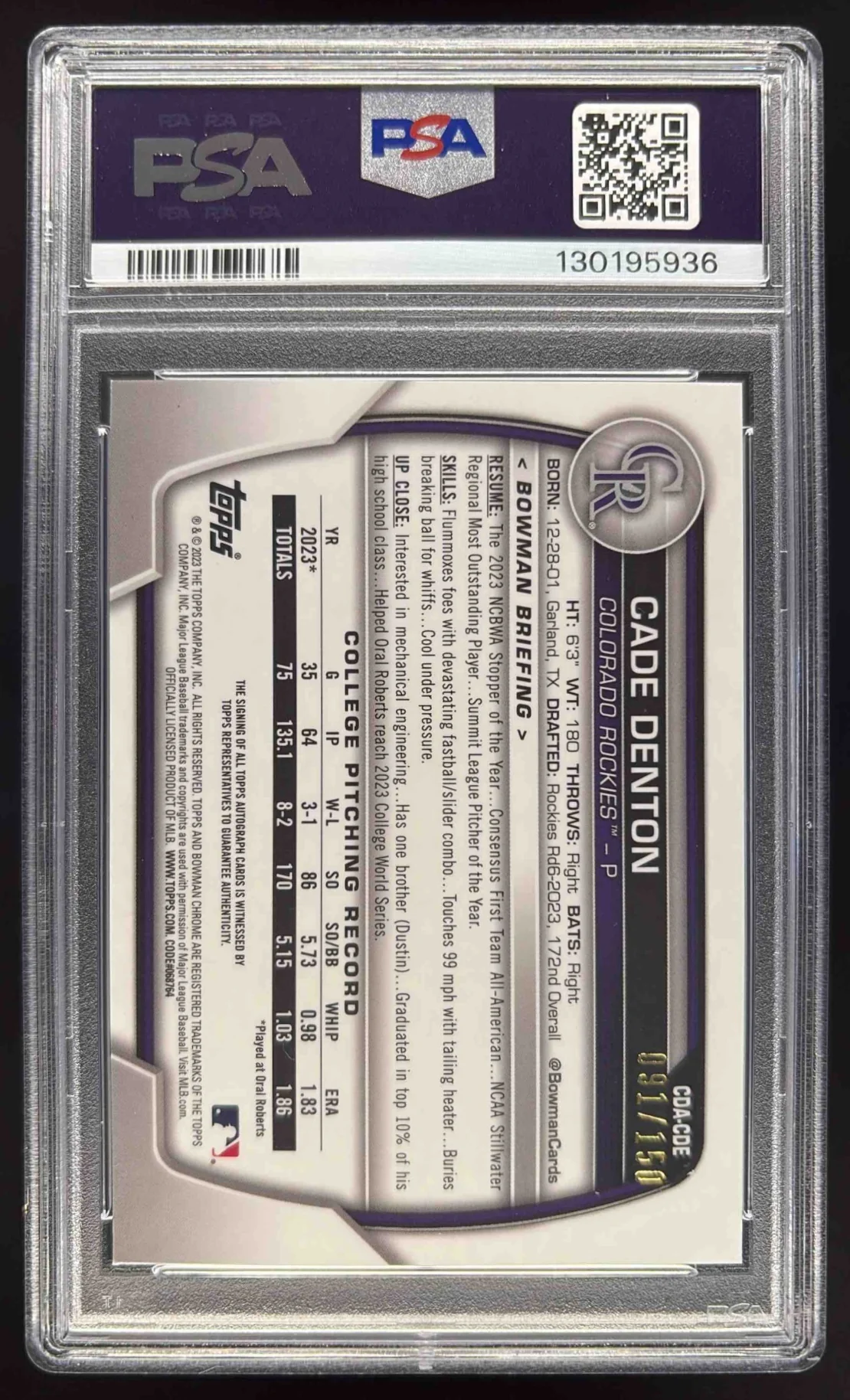 2023 Bowman Draft Chrome Blue Refractor #CDA-CDE Cade Denton RC Auto /150 PSA 9 - Image 2