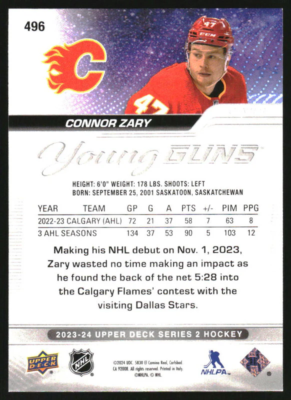2023-24 Upper Deck Outburst Silver #496 Connor Zary Young Guns RC Rookie - Image 2