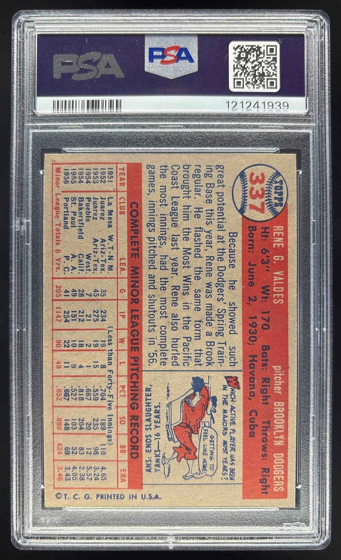 1957 Topps #337 Rene Valdes RC PSA 7 - Image 2