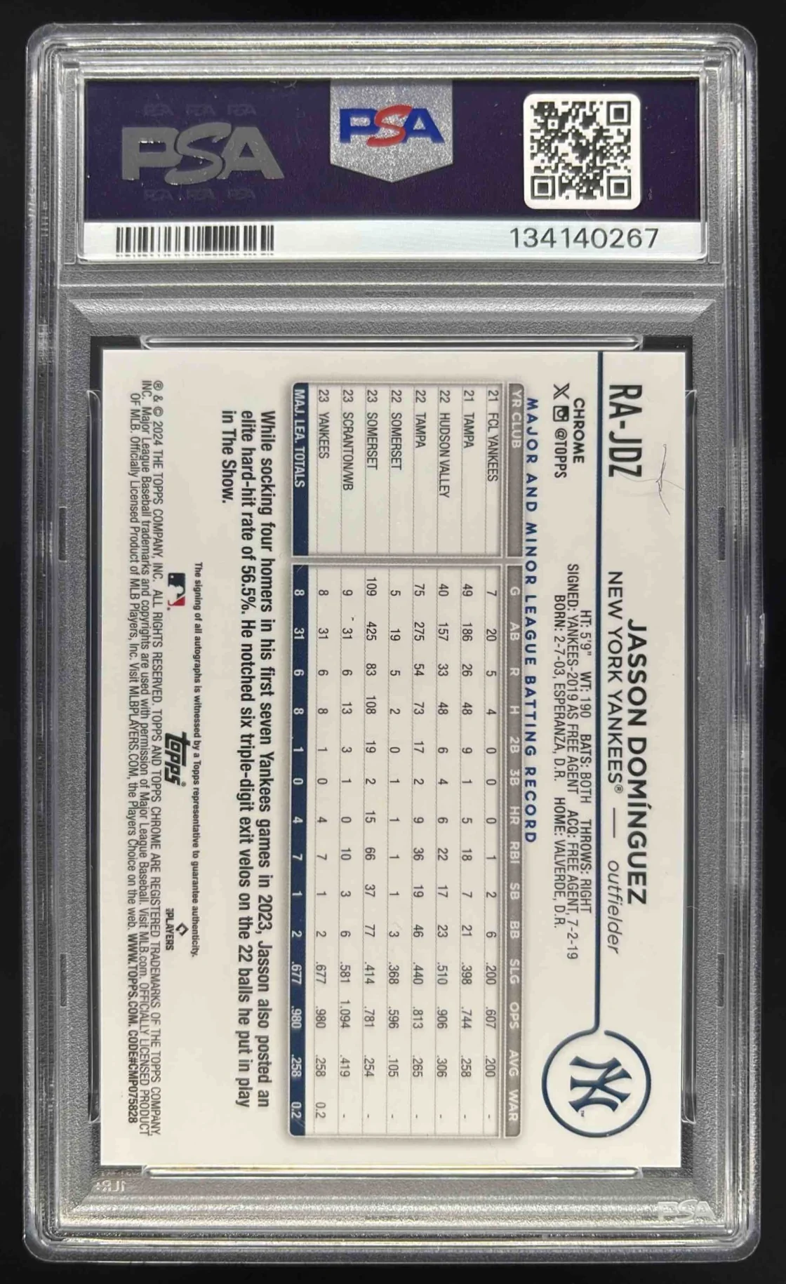 2024 Topps Chrome Rookie Purple Speckle Jasson Dominguez RC Auto /299 PSA 7 - Image 2