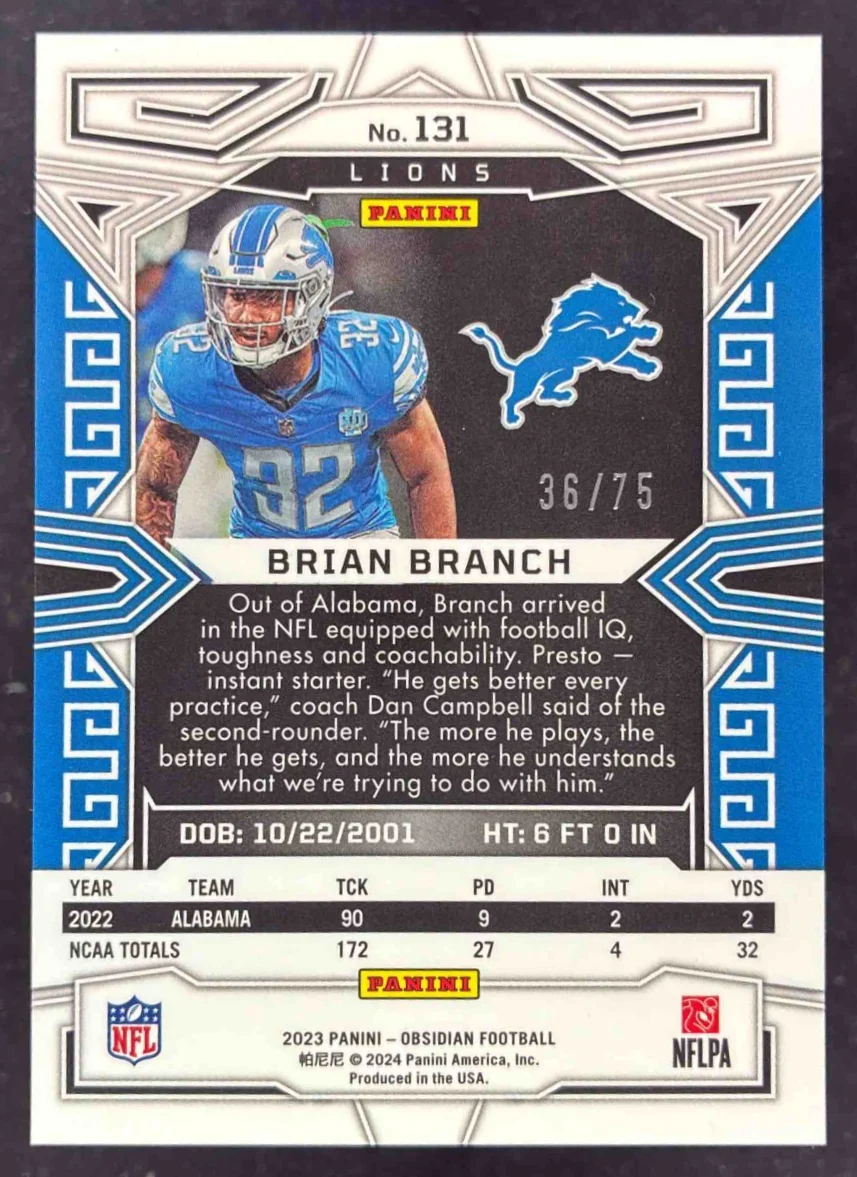2023 Panini Obsidian Electric Etch Purple #131 Brian Branch RC /75 - Image 2
