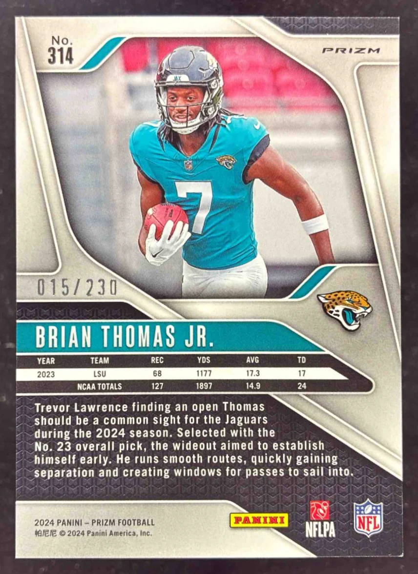 2024 Panini Prizm Blue Wave Prizm #314 Brian Thomas Jr. RC /230 - Image 2