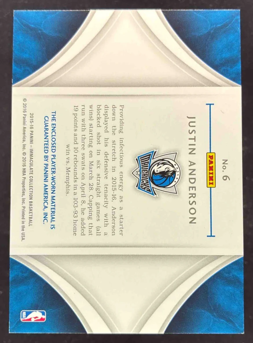 2015-16 Panini Immaculate Collection Rookie Patches #6 Justin Anderson RC /10 - Image 2