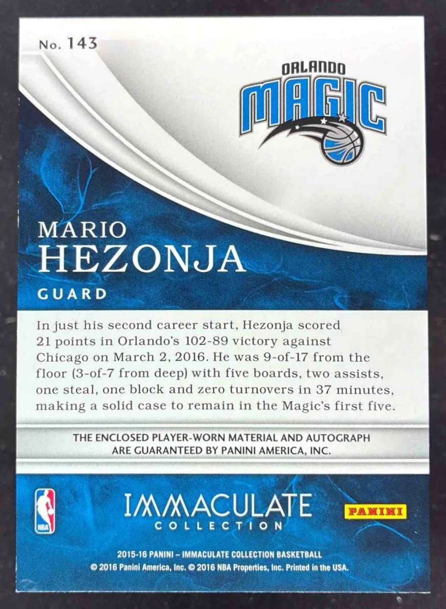 2015 Immaculate Collection Rookie Patch Autograph #143 Mario Hezonja RC Auto /99 - Image 2