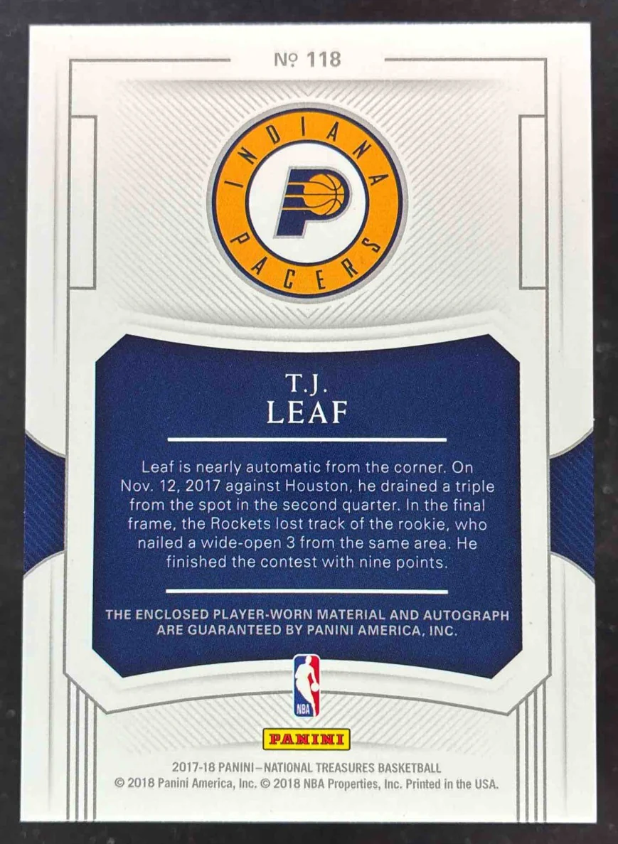 2017-18 Panini National Treasures #118 TJ Leaf Rookie Patch Auto RC Auto /99 - Image 2