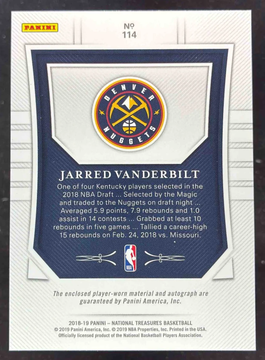 2018 National Treasures Rookie Patch Limited #114 Jarred Vanderbilt RC Auto /20 - Image 2