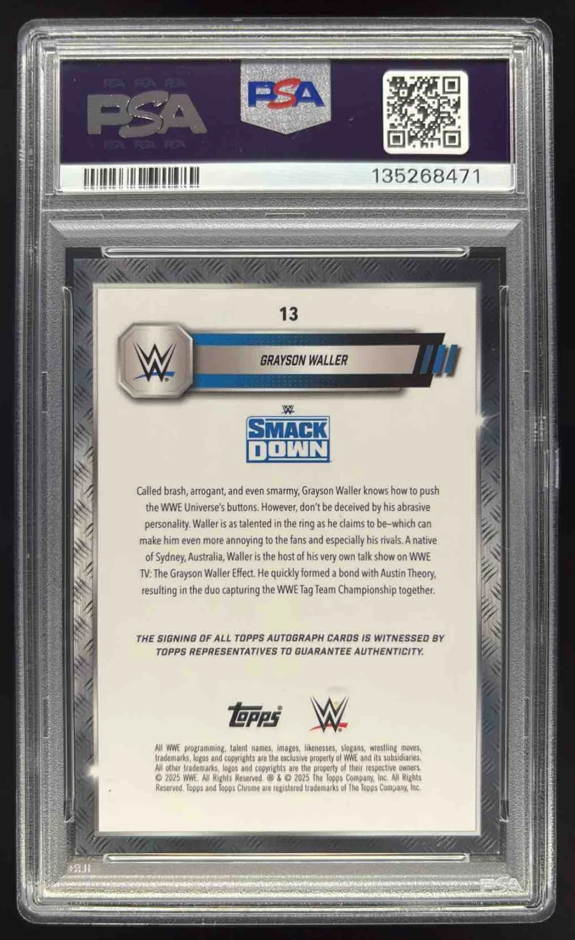 2025 Topps Chrome WWE Red Refractors #13 Grayson Waller Auto /5 PSA 9 - Image 2