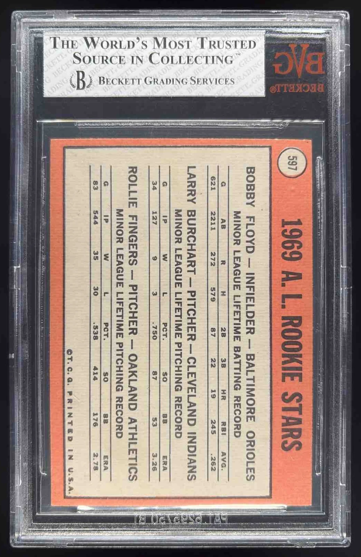 1969 Topps #597 Rookie Stars Bob Floyd Larry Burchart Rollie Fingers RC BGS 7 - Image 2