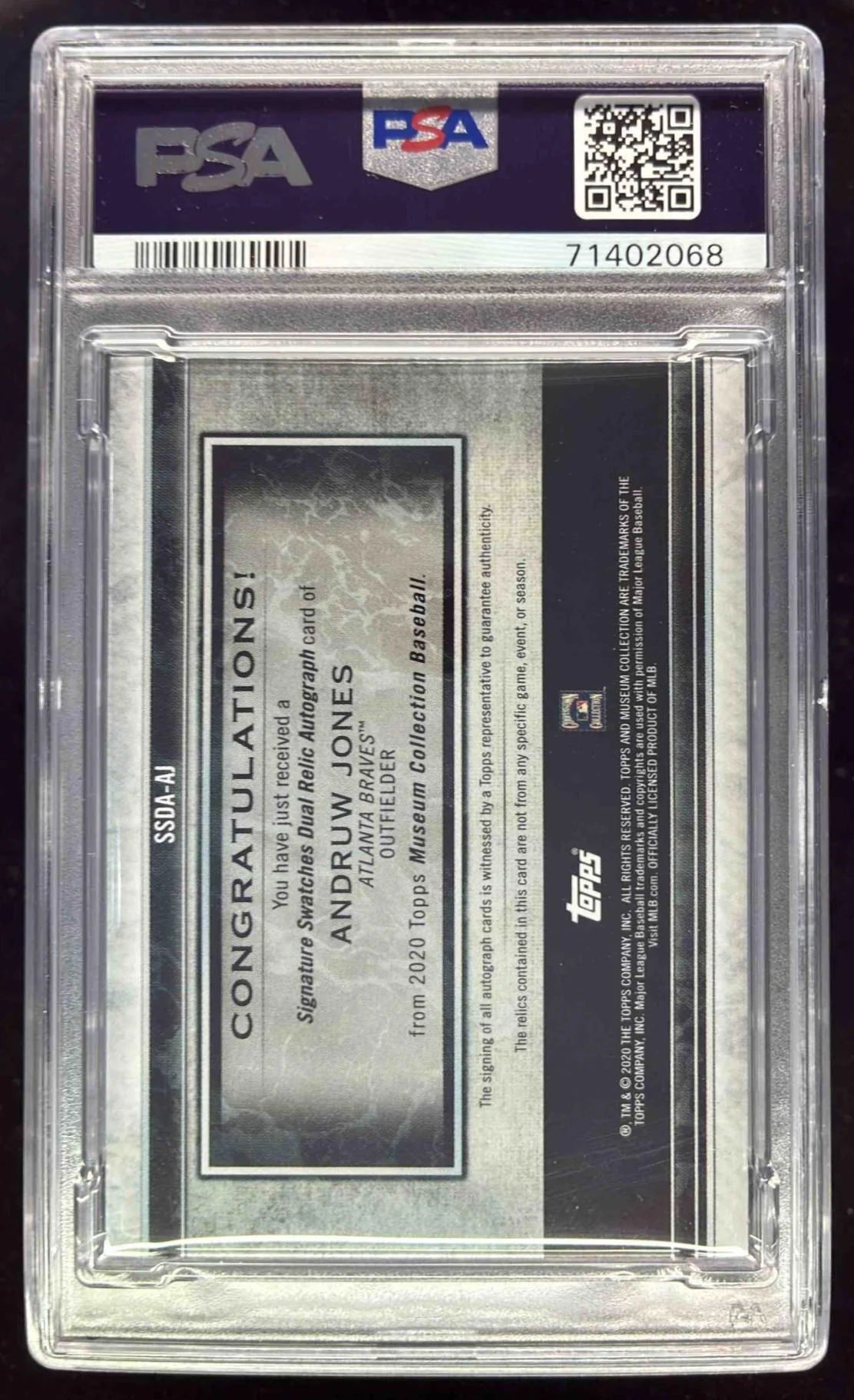 2020 Museum Collection Swatches Dual Relic Auto Gold Andruw Jones Auto /25 PSA 7 - Image 2