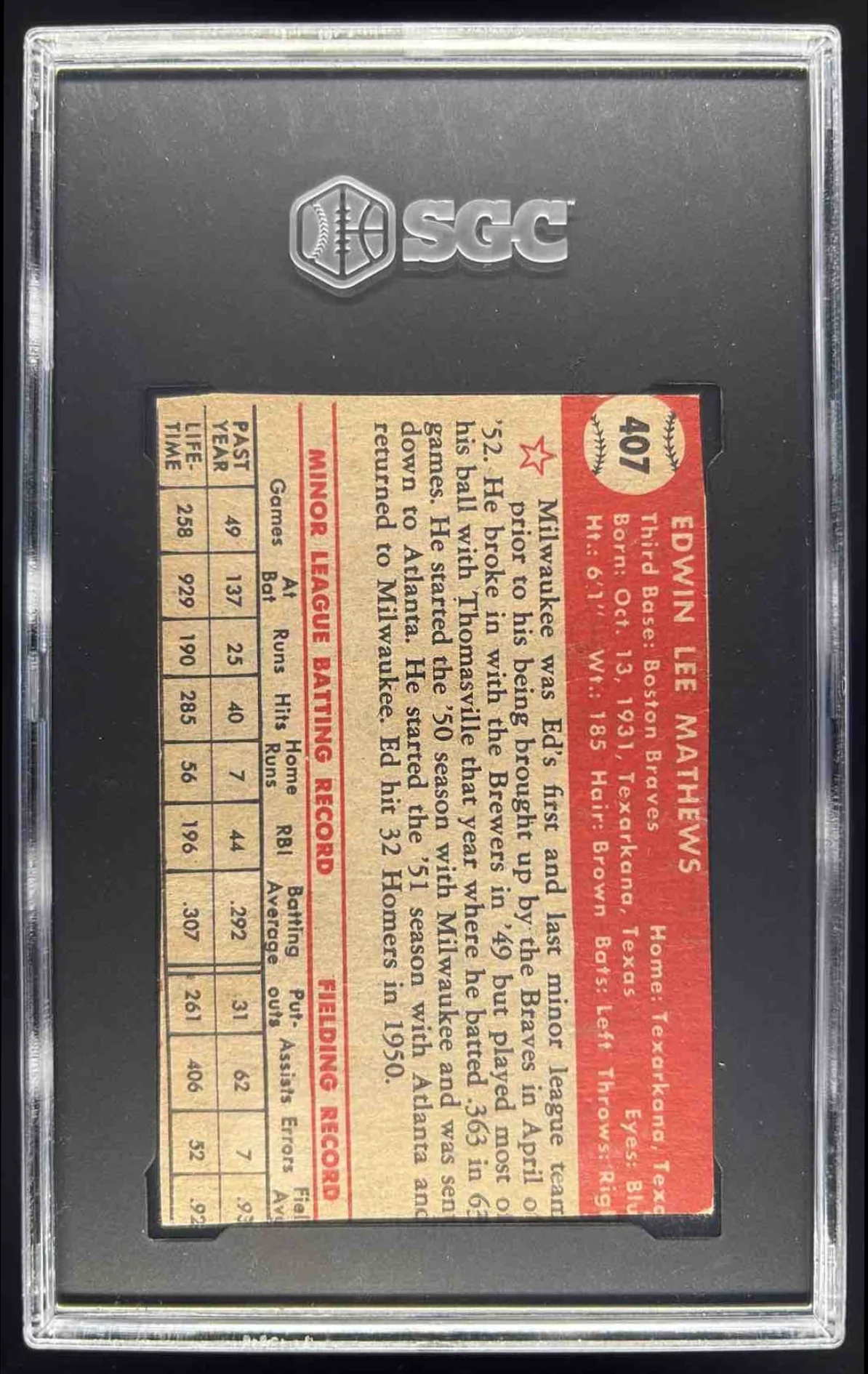 1952 Topps #407 Ed Mathews RC SGC Authentic - Image 2