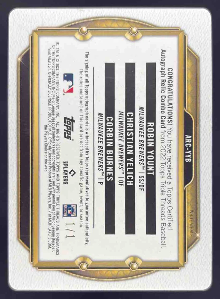 2022 Triple Threads Printing Plates Cyan Burnes Yount Yelich Auto 1/1 - Image 2