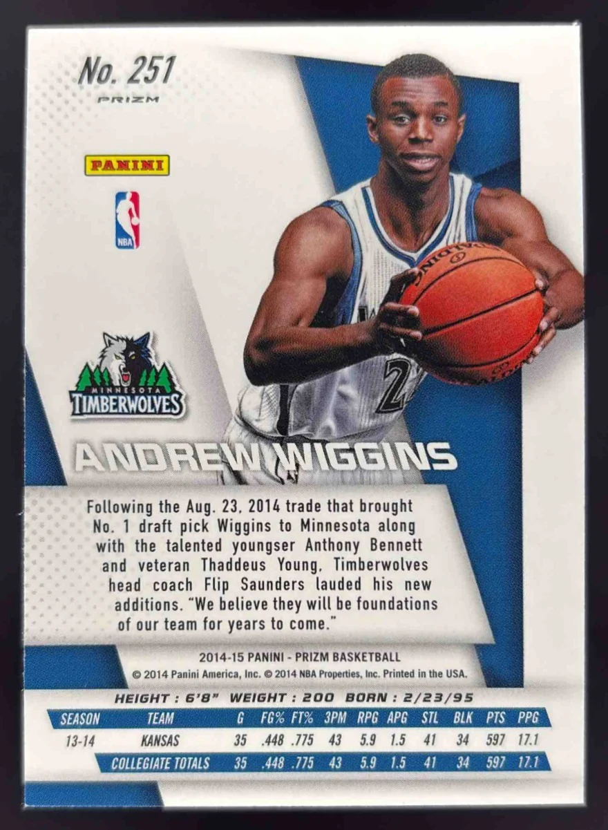 2014-15 Panini Prizm Prizms Blue and Green Mosaic #251 Andrew Wiggins RC - Image 2