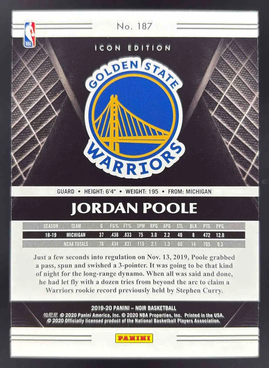 2019-20 Panini Noir #187 Jordan Poole RC /99 - Image 2
