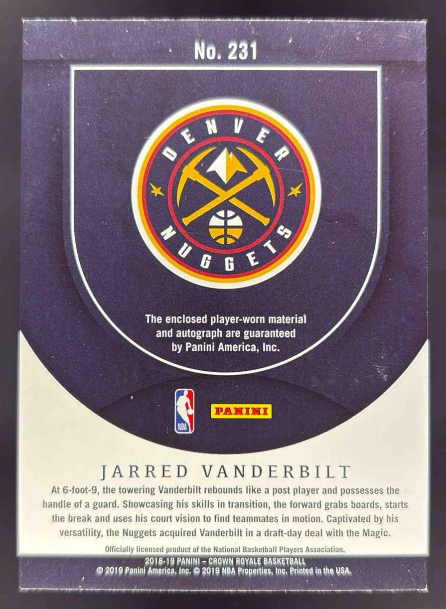 2018-19 Crown Royale Rookie Silhouettes #231 Jarred Vanderbilt RC Auto /199 - Image 2
