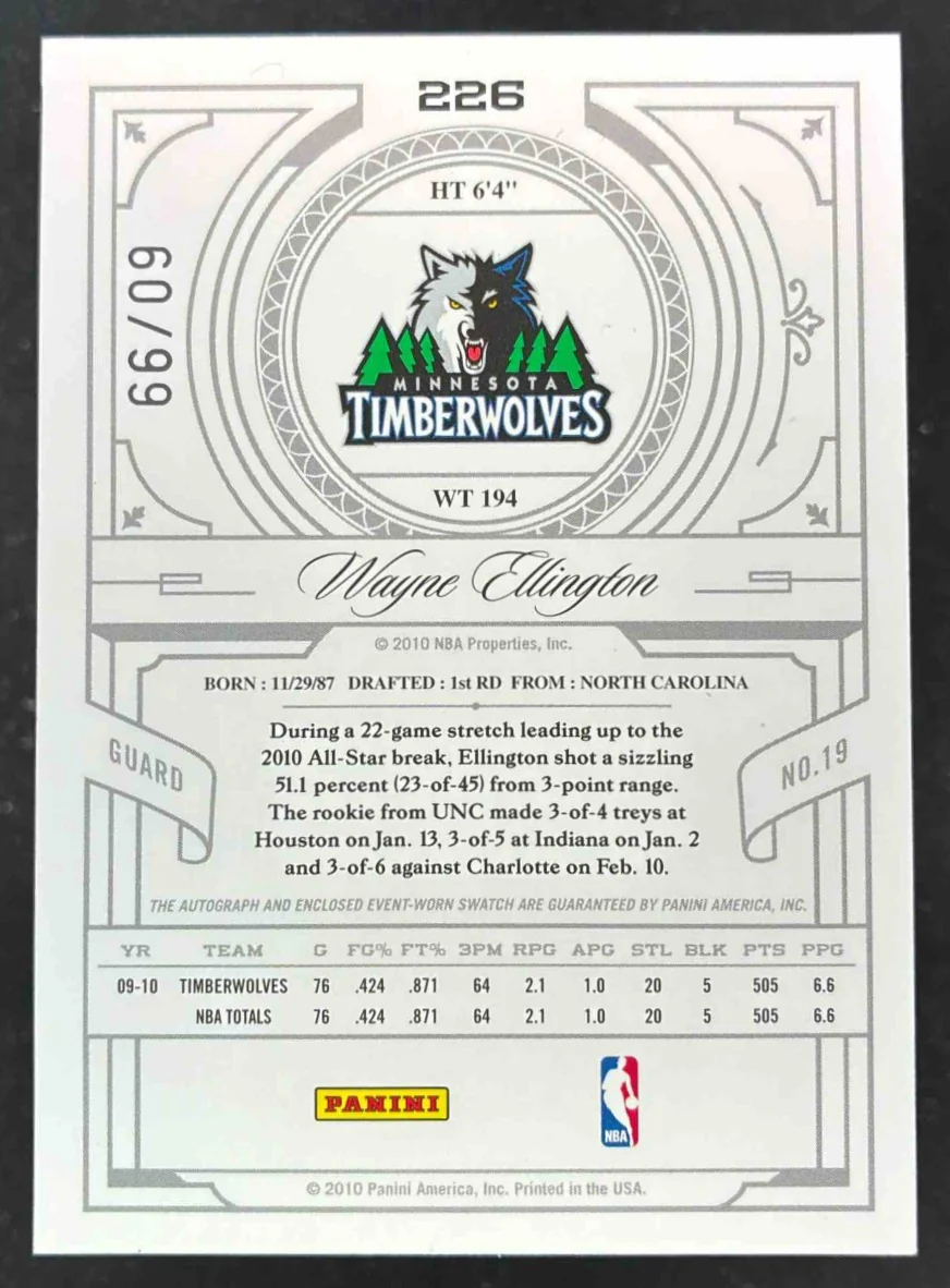 2009 Panini Playoff National Treasures Wayne Ellington Autograph RC Auto /99 - Image 2