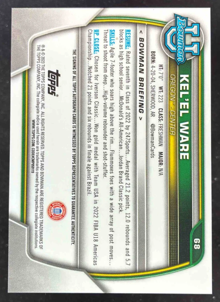 2022-23 Bowman Chrome University Chrome Prospect Autographs #68 Kel el Ware Auto - Image 2