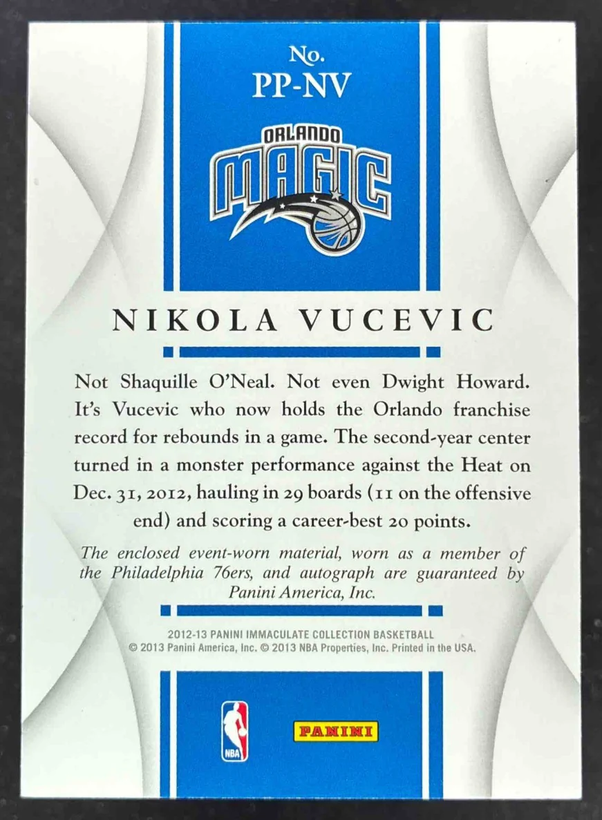 2012-13 Immaculate Collection Premium Patches #PP-NV Nikola Vucevic RC Auto /75 - Image 2