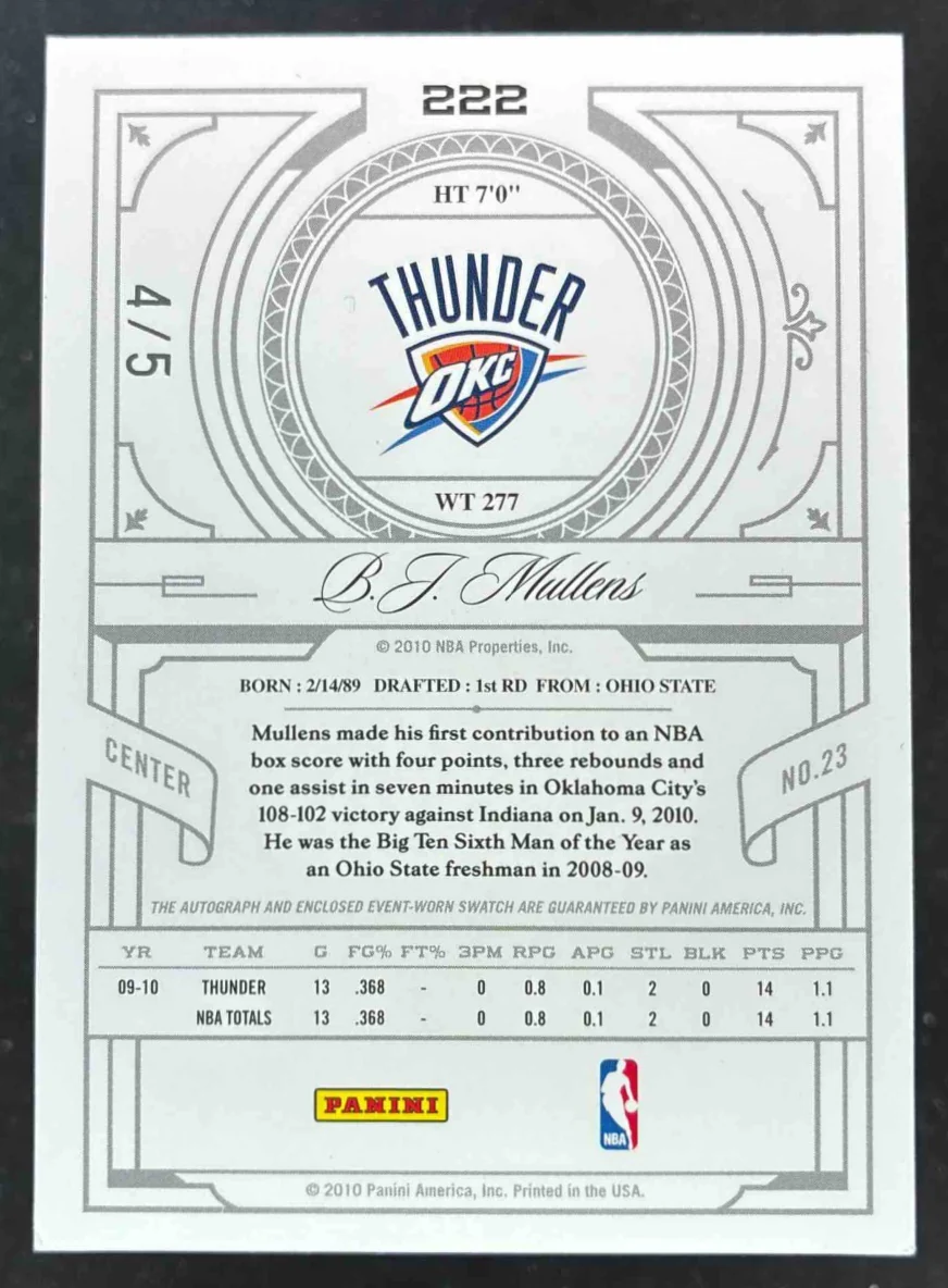 2009 Playoff National Treasures Century Platinum #222 B.J. Mullens Auto /5 - Image 2