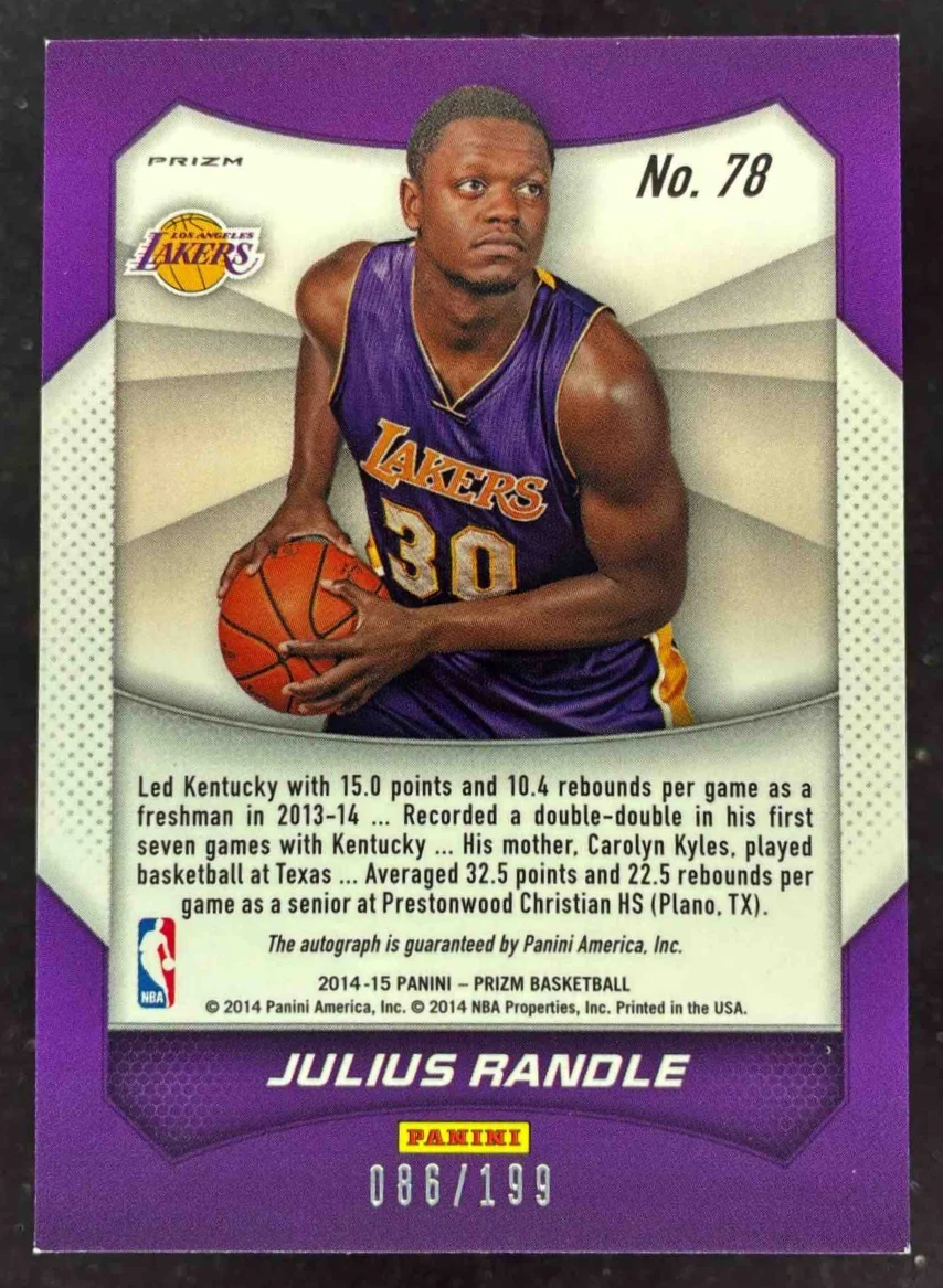 2014 Panini Prizm Autographs Prizms Blue Pulsar #78 Julius Randle RC Auto /199 - Image 2