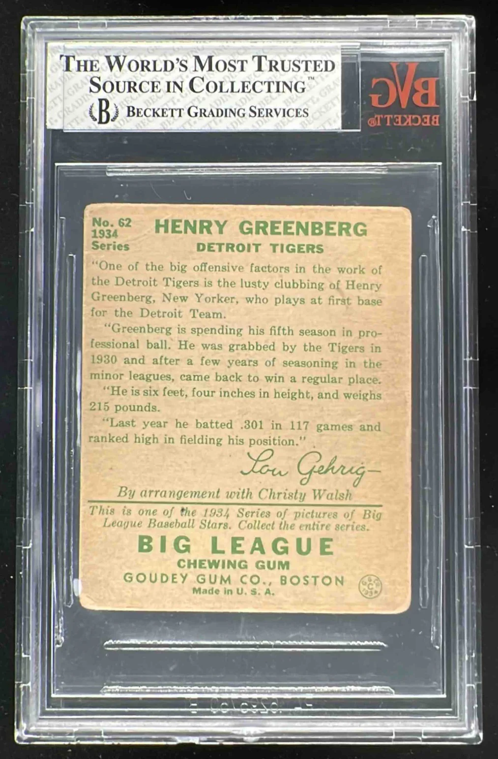 1934 Goudey #62 Hank Greenberg RC BGS 1.5 - Image 2