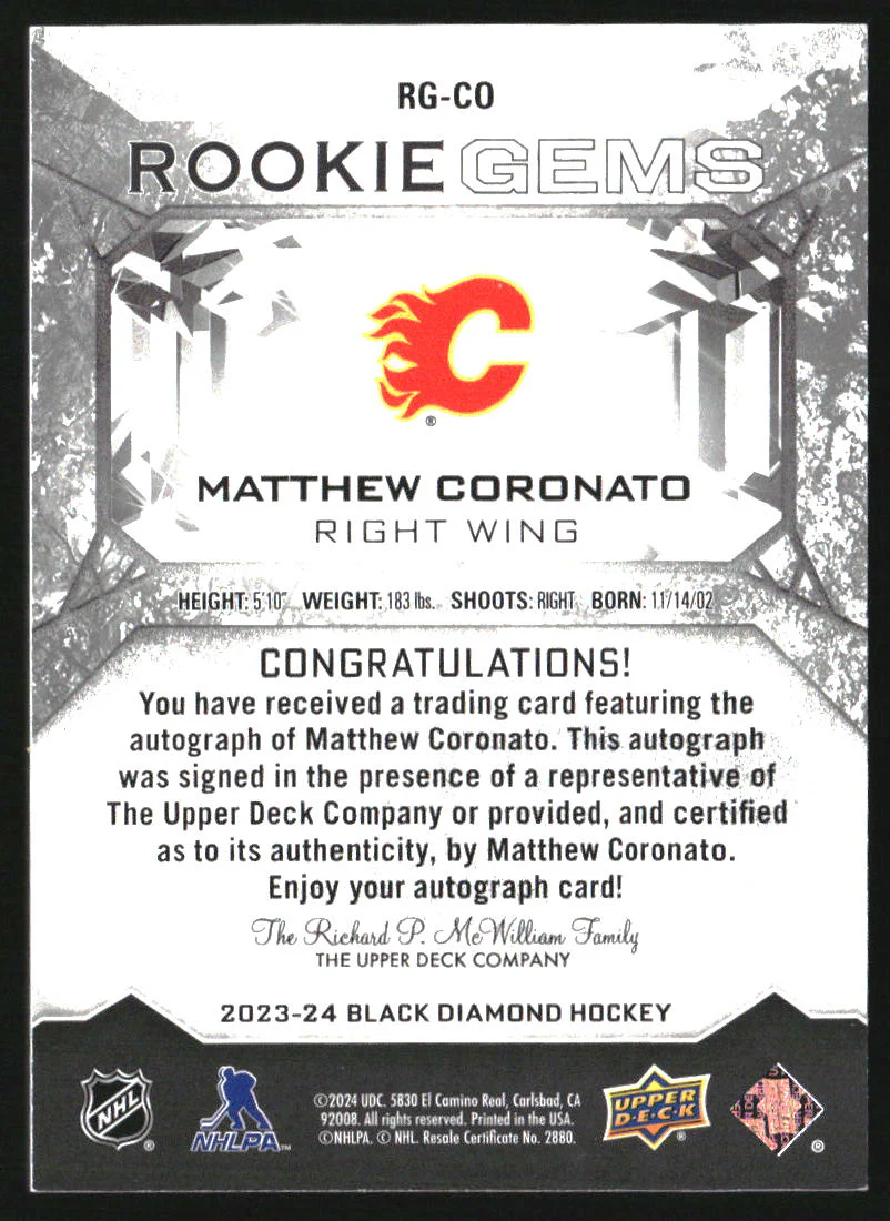 2023-24 Black Diamond Rookie Gems Signatures Green Matthew Coronato RC Auto /5 - Image 2