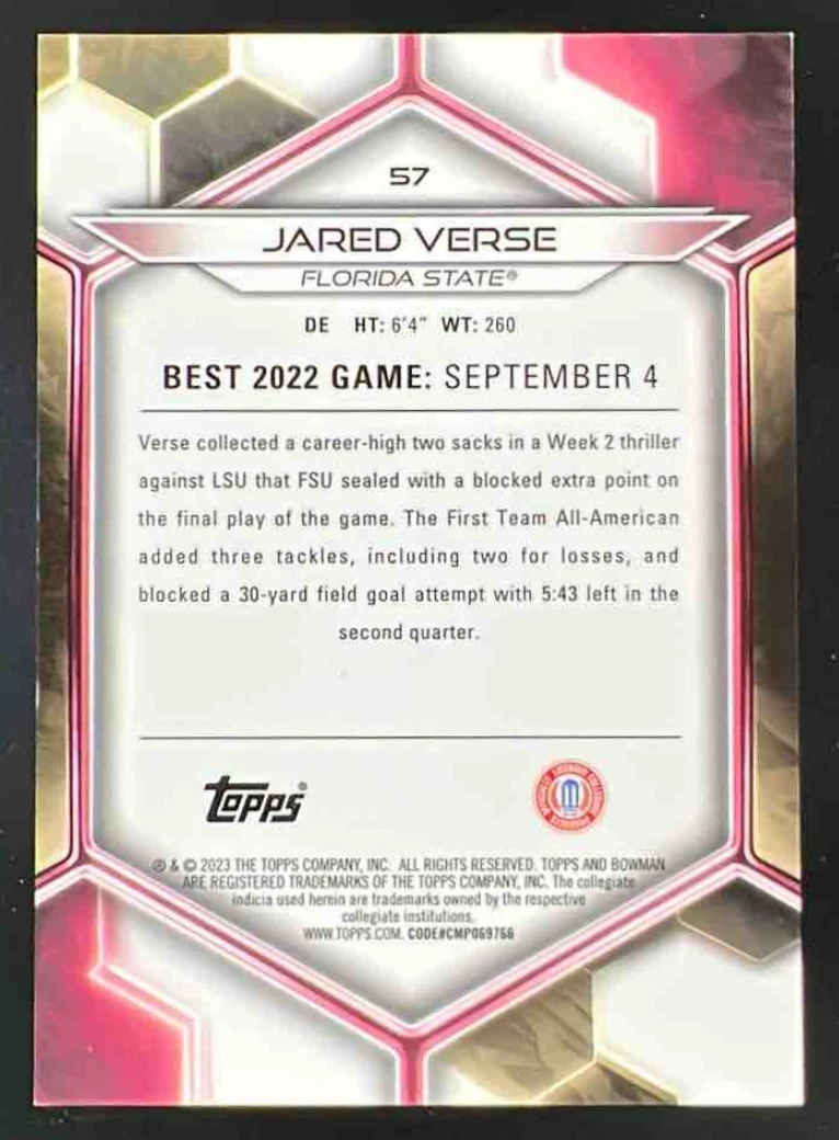 2023 Bowman University Best Gold Geometric #57 Jared Verse /50 - Image 2