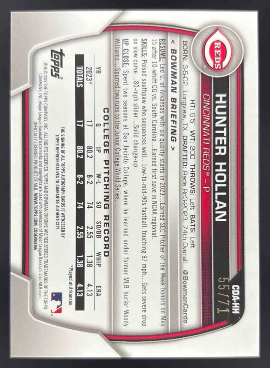 2023 Bowman Draft Chrome Sparkle Refractor #CDA-HH Hunter Hollan RC Auto /71 - Image 2