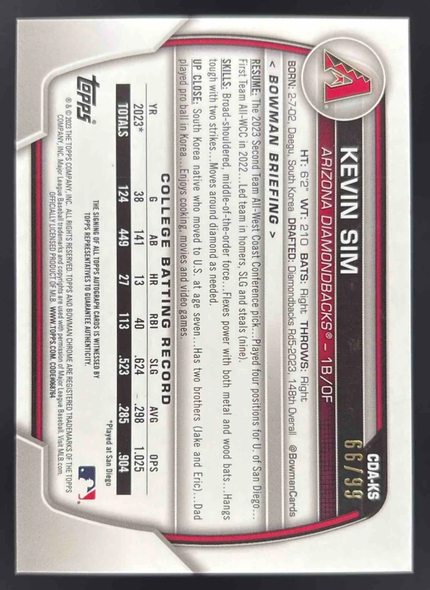 2023 Bowman Draft Chrome Green Lava Refractor #CDA-KS Kevin Sim RC Auto /99 - Image 2