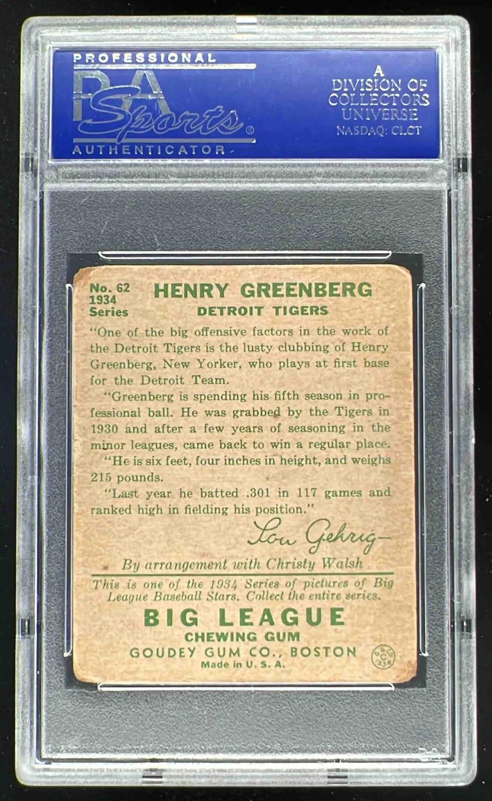 1934 Goudey #62 Hank Greenberg RC PSA 1 - Image 2