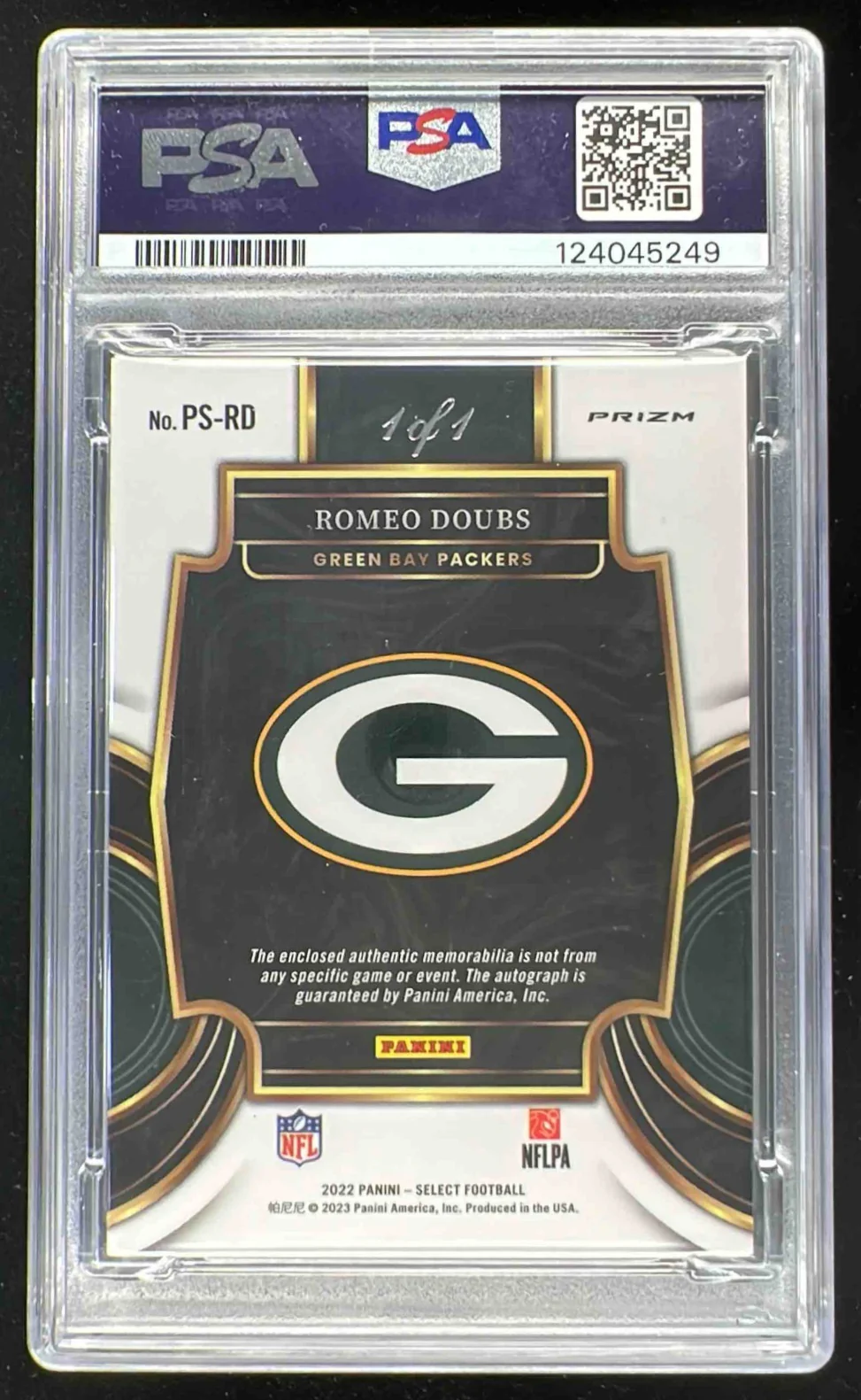 2022 Select Prime Selections Black Prizm #PS-RD Romeo Doubs RC Auto 1/1 PSA 7 - Image 2
