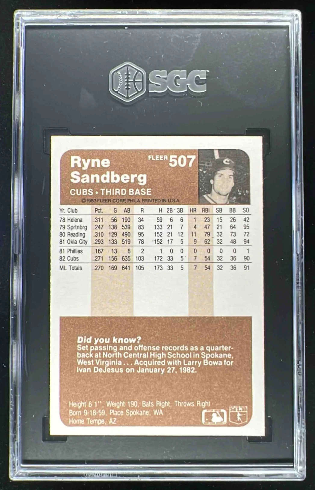 1983 Fleer #507 Ryne Sandberg RC SGC 10 - Image 2