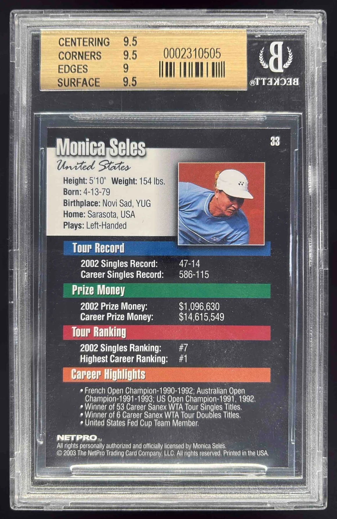 2003 Netpro International #33 Monica Seles BGS 9.5 - Image 2