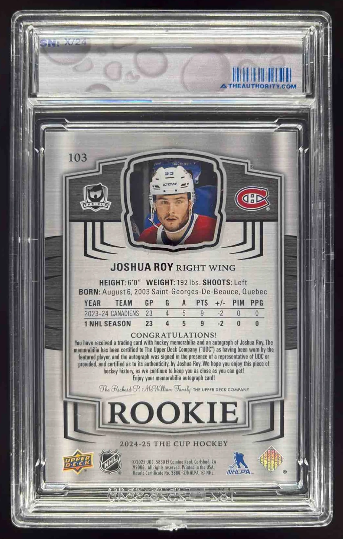 2024-25 The Cup Gold Foil #103 Joshua Roy Rookie Patch Auto Autograph RC /24 - Image 2