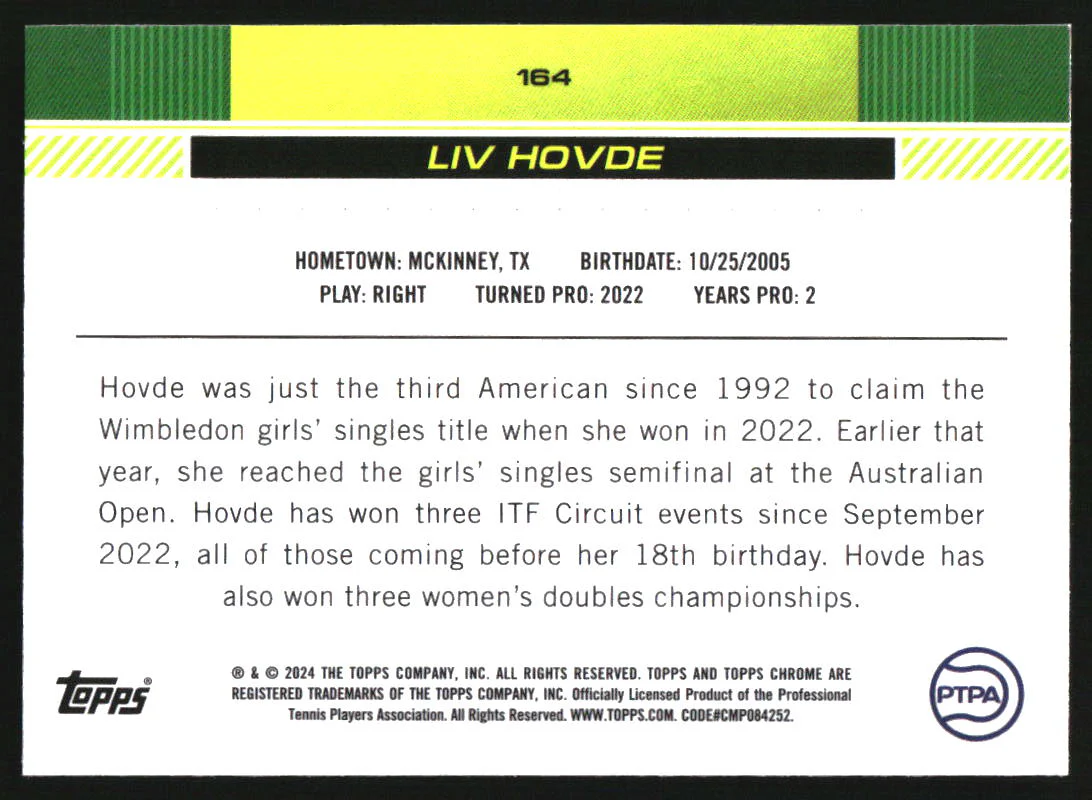 2024 Topps Chrome Tennis Pineapple Refractors #164 Liv Hovde /77 - Image 2