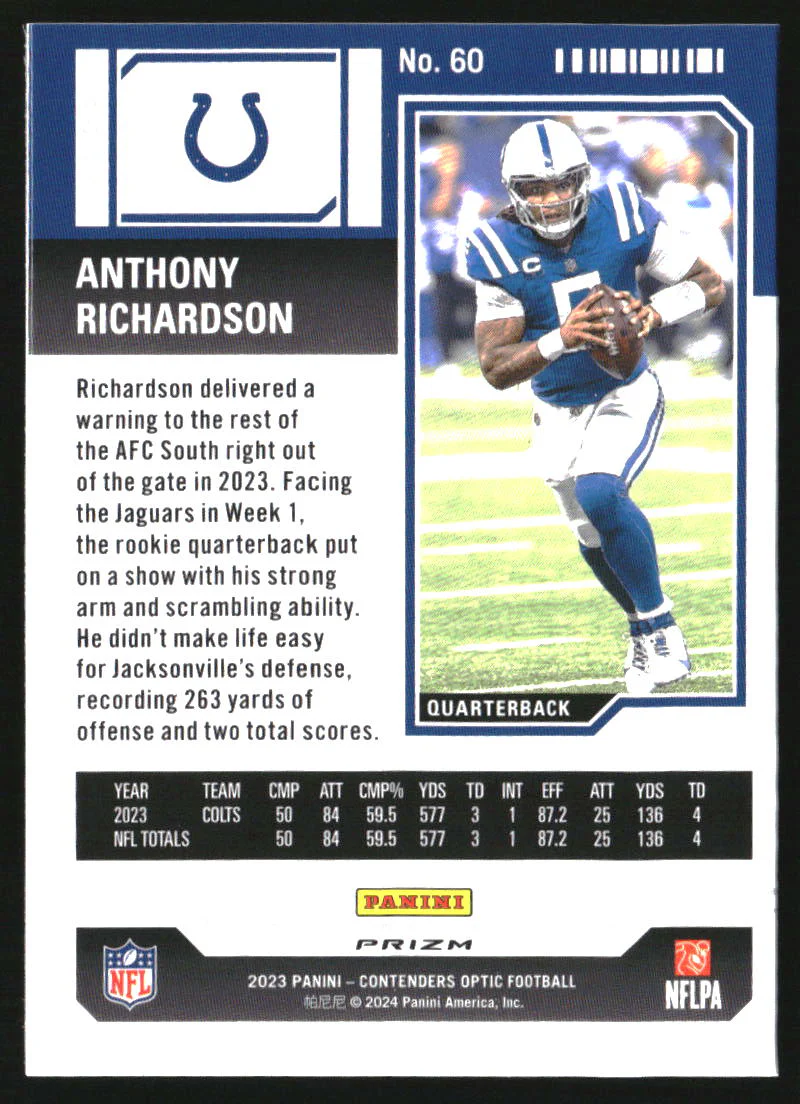 2023 Panini Contenders Optic Silver #60 Anthony Richardson RC Rookie - Image 2