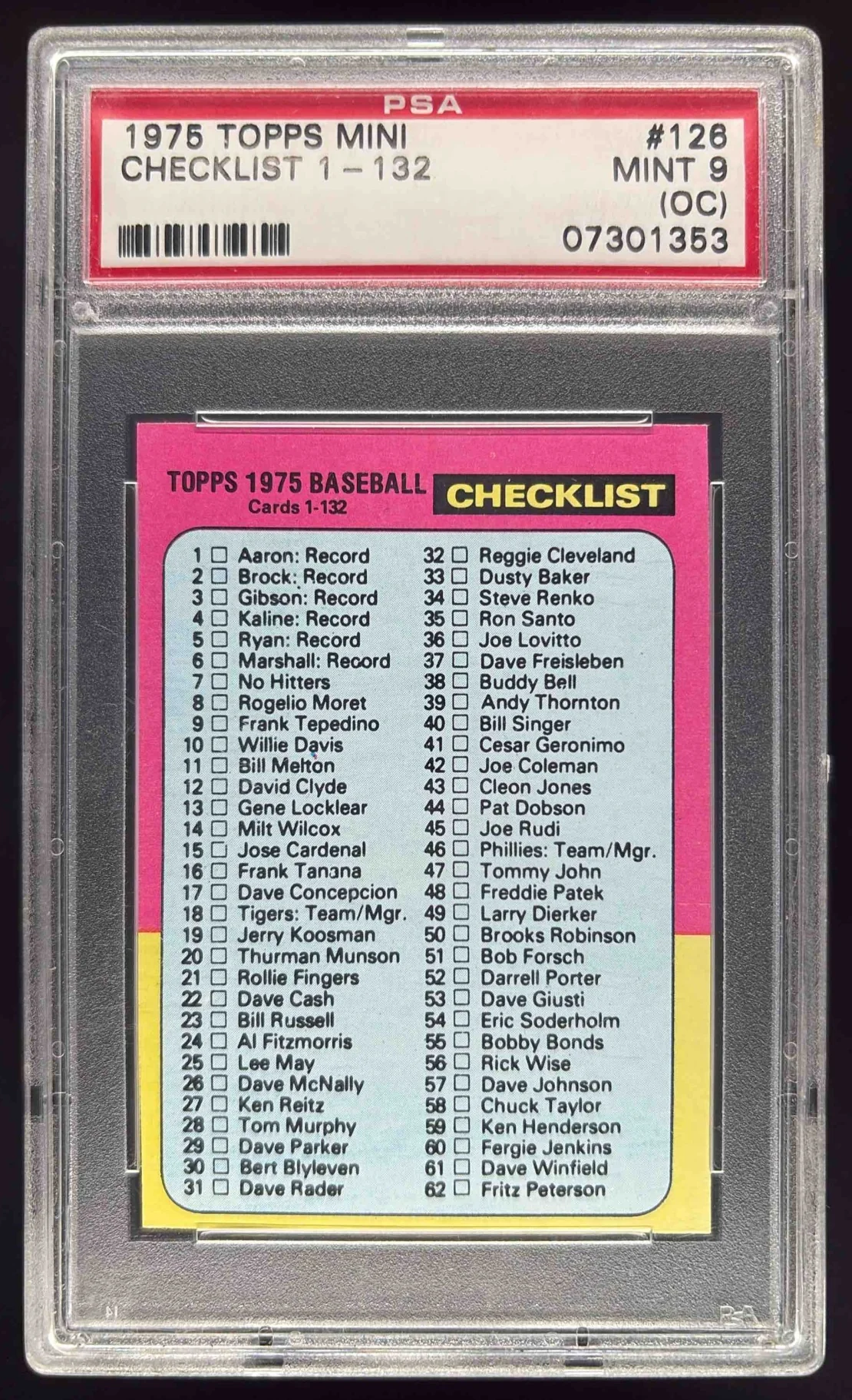 1975 Topps #126 Checklist: 1-132 PSA 9 (OC)