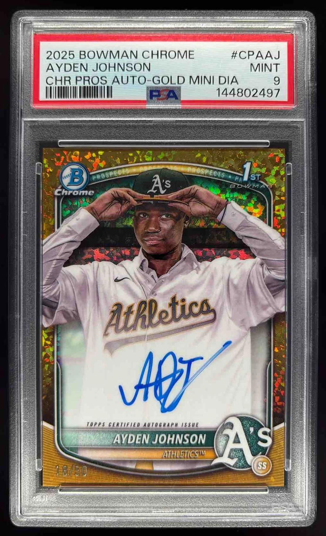 2025 Bowman Chrome Gold Mini Diamonds #CPA-AJ Ayden Johnson RC Auto /50 PSA 9