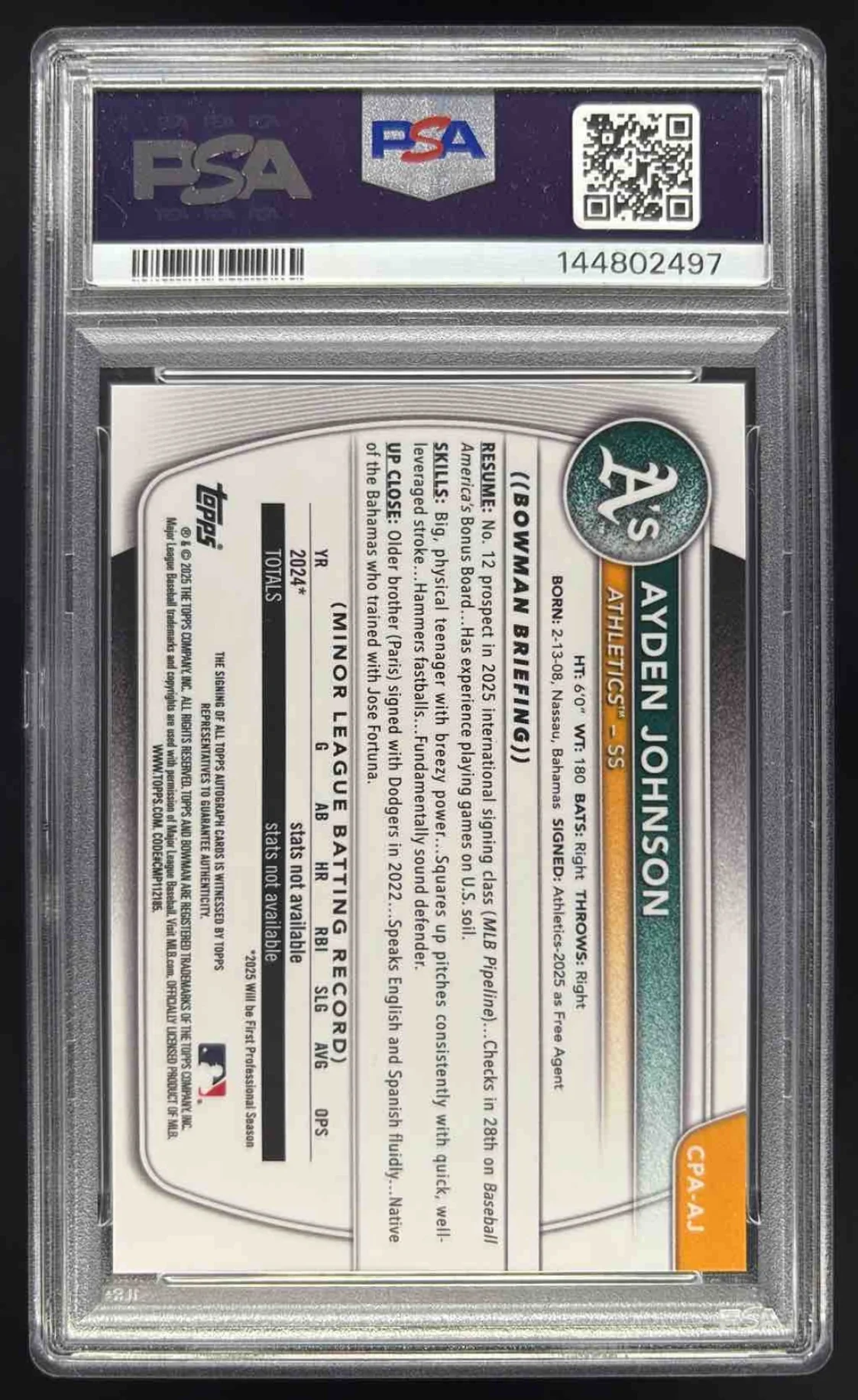 2025 Bowman Chrome Gold Mini Diamonds #CPA-AJ Ayden Johnson RC Auto /50 PSA 9 - Image 2