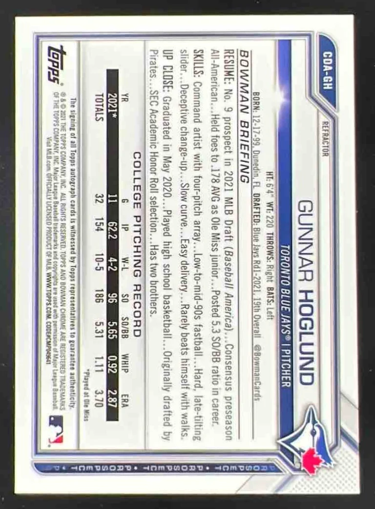 2021 Bowman Draft Chrome Refractor #CDA-GH Gunnar Hoglund Autograph Auto /499 - Image 2