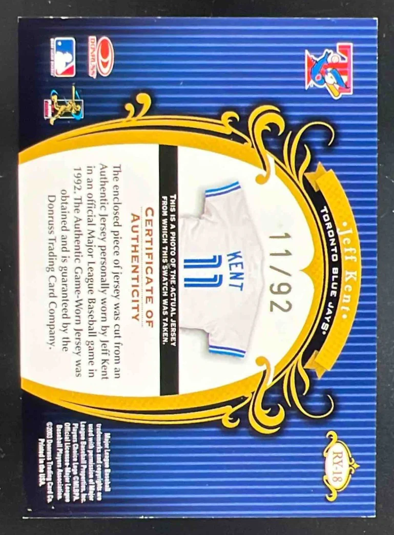 2003 Timeless Treasures Materials #RY-18 Jeff Kent /92 - Image 2