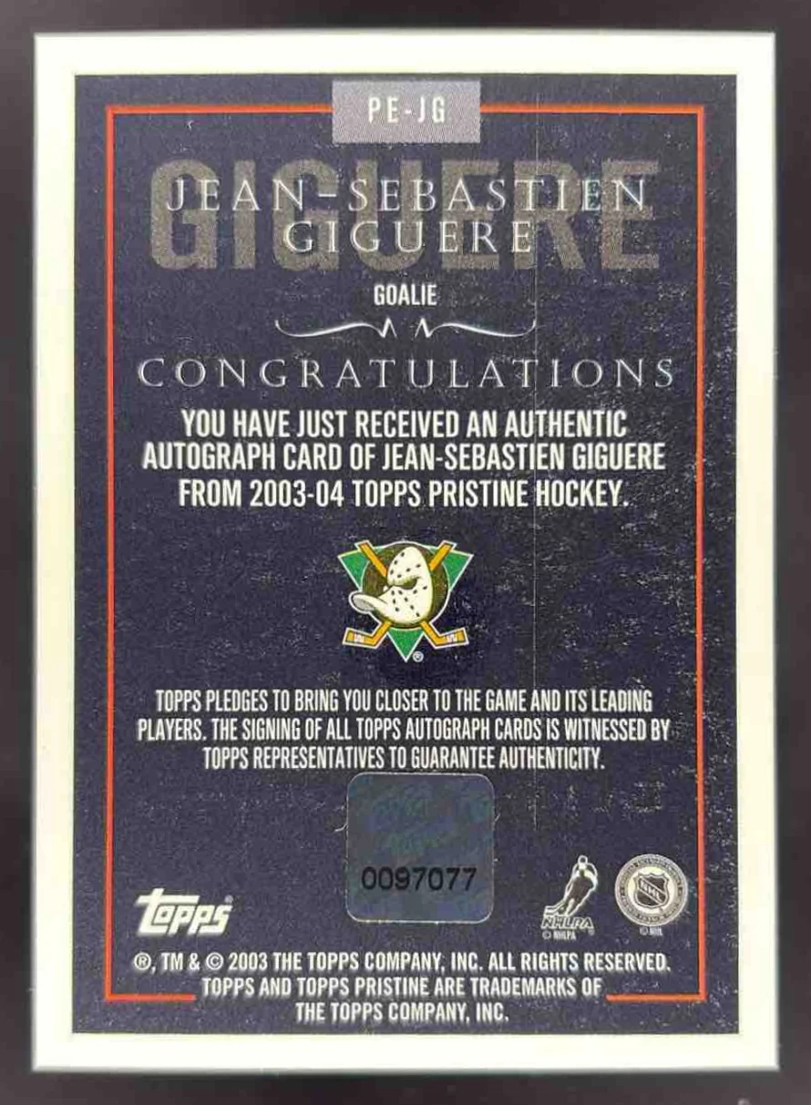 2003-04 Topps Pristine Autographs #PE-JG Jean-Sebastien Giguere Autograph Auto - Image 2