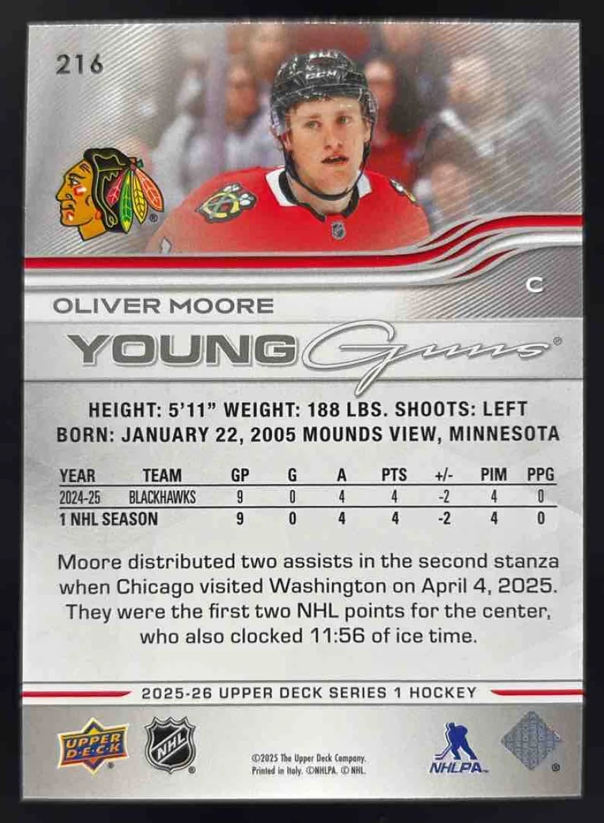 2025 Upper Deck Series 1 #216 Oliver Moore Young Guns RC - Image 2