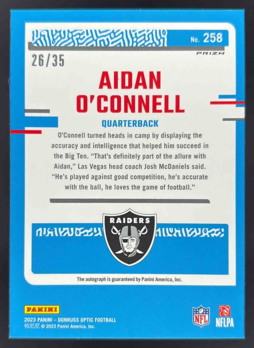 2023 Donruss Optic Rated Rookies Purple #258 Aidan O'Connell RC Auto /35 - Image 2