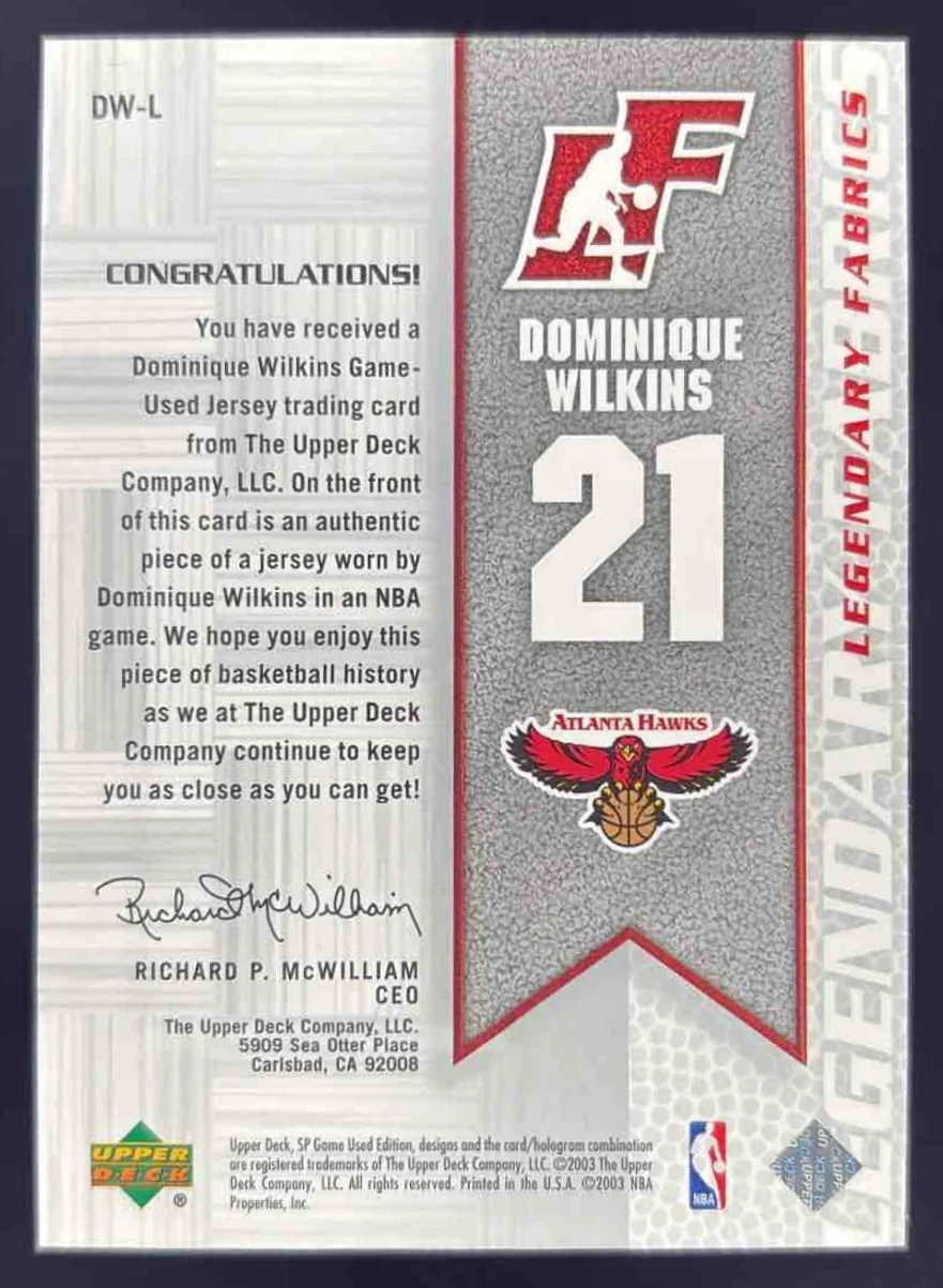 2003-04 SP Game Used Legendary Fabrics #DW-L Dominique Wilkins - Image 2